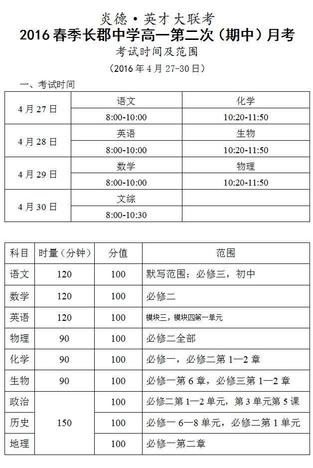 炎德英才大聯(lián)考2016年春季長郡中學高一第二次（期中）月考時間和范圍